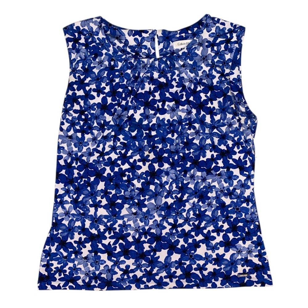 Calvin Klein Sleeveless Blouse with Blue Watercolour Floral Pattern
